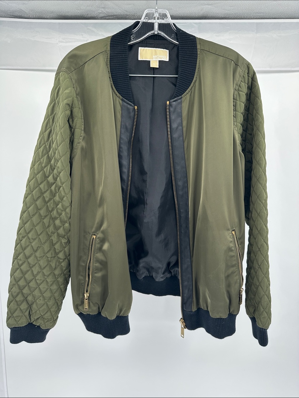 MICHAEL Michael Kors Olive Green Quilted-Sleeve Bomber Jacket with Black Trim